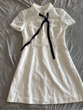 White Lace-Trim Short Sleeve Dress with Navy Ribbon